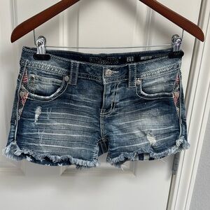 Miss me flag patriotic stars & stripes pocket raw hem denim jean shorts size 27